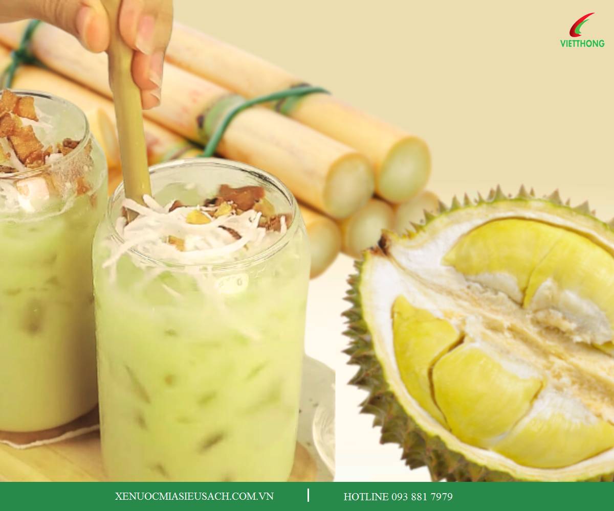Ly nước mía sầu riêng hấp dẫn với topping dừa nạo và mít sợi
