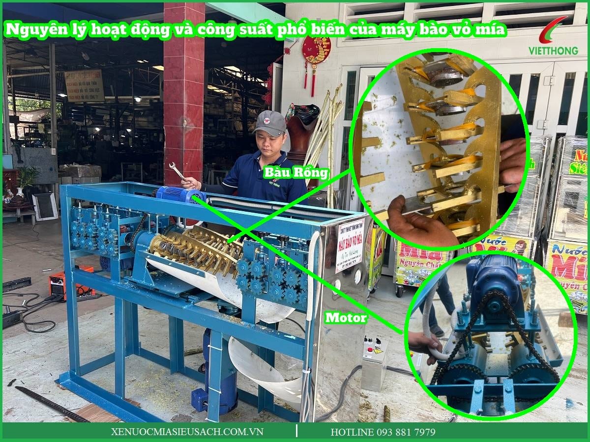 Nguyên lý hoạt động và công suất phổ biến của máy bào vỏ mía